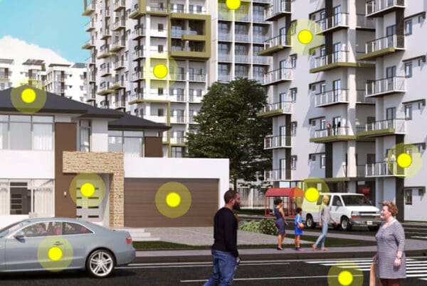 Clickable Coverage - Landlord and Rental Property Insurance Scene With People Walking Along a Sidewalk and View of Rental Property Buildings in the Distance